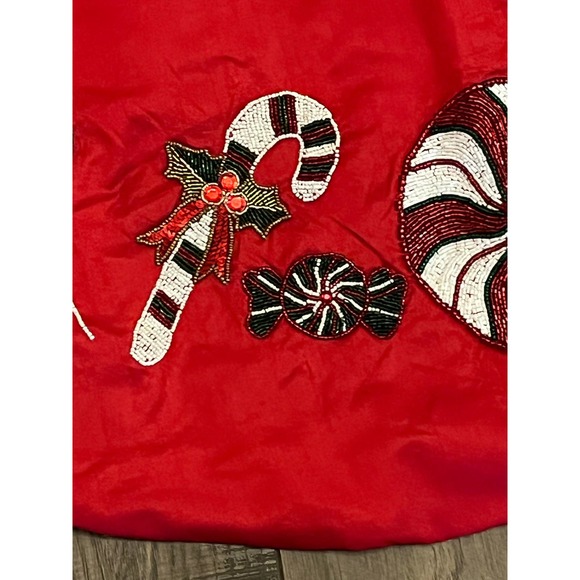 Vickerman Red Christmas Tree Skirt with Candy Cane, Lollipops, Beaded Decoration - Picture 2 of 6